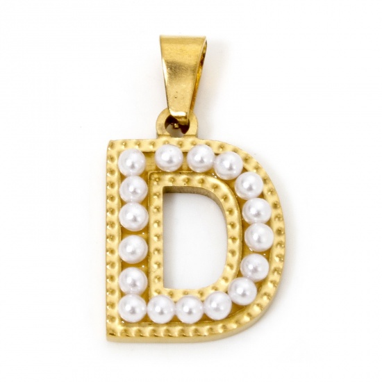 Picture of 1 Piece Vacuum Plating 304 Stainless Steel Charm Pendant 18K Gold Plated Capital Alphabet Initial Letter Message " D " Acrylic Imitation Pearl 23mm x 12.5mm