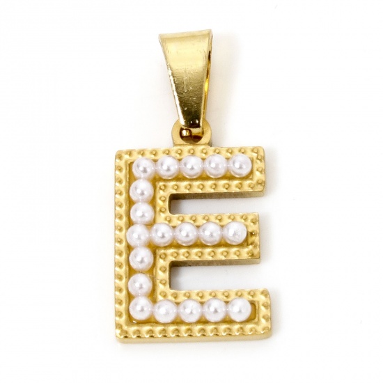 Picture of 1 Piece Vacuum Plating 304 Stainless Steel Charm Pendant 18K Gold Plated Capital Alphabet Initial Letter Message " E " Acrylic Imitation Pearl 24mm x 11mm