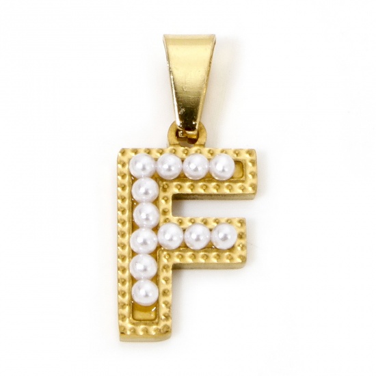 Picture of 1 Piece Vacuum Plating 304 Stainless Steel Charm Pendant 18K Gold Plated Capital Alphabet Initial Letter Message " F " Acrylic Imitation Pearl 24mm x 10.5mm