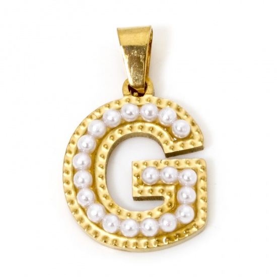 Picture of 1 Piece Vacuum Plating 304 Stainless Steel Charm Pendant 18K Gold Plated Capital Alphabet Initial Letter Message " G " Acrylic Imitation Pearl 22mm x 13.5mm