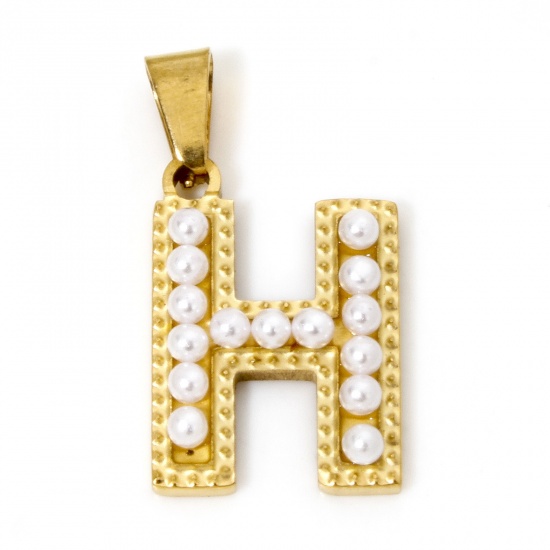 Picture of 1 Piece Vacuum Plating 304 Stainless Steel Charm Pendant 18K Gold Plated Capital Alphabet Initial Letter Message " H " Acrylic Imitation Pearl 22mm x 12mm