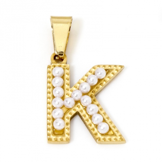 Picture of 1 Piece Vacuum Plating 304 Stainless Steel Charm Pendant 18K Gold Plated Capital Alphabet Initial Letter Message " K " Acrylic Imitation Pearl 24mm x 14mm