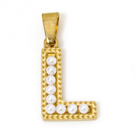 Picture of 1 Piece Vacuum Plating 304 Stainless Steel Charm Pendant 18K Gold Plated Capital Alphabet Initial Letter Message " L " Acrylic Imitation Pearl 22mm x 11mm