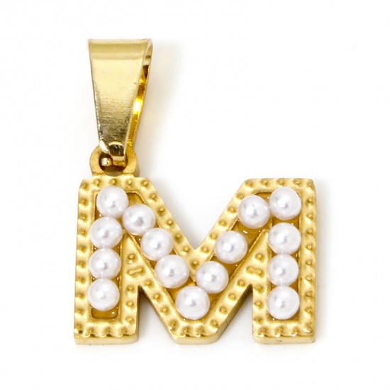 Picture of 1 Piece Vacuum Plating 304 Stainless Steel Charm Pendant 18K Gold Plated Capital Alphabet Initial Letter Message " M " Acrylic Imitation Pearl 19mm x 14.5mm