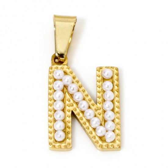 Picture of 1 Piece Vacuum Plating 304 Stainless Steel Charm Pendant 18K Gold Plated Capital Alphabet Initial Letter Message " N " Acrylic Imitation Pearl 24mm x 12mm