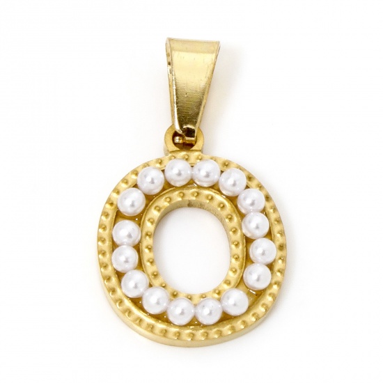 Picture of 1 Piece Vacuum Plating 304 Stainless Steel Charm Pendant 18K Gold Plated Capital Alphabet Initial Letter Message " O " Acrylic Imitation Pearl 24mm x 13.5mm