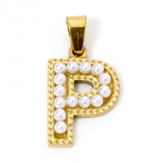 Picture of 1 Piece Vacuum Plating 304 Stainless Steel Charm Pendant 18K Gold Plated Capital Alphabet Initial Letter Message " P " Acrylic Imitation Pearl 22mm x 11mm