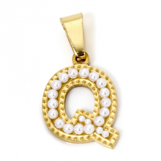 Picture of 1 Piece Vacuum Plating 304 Stainless Steel Charm Pendant 18K Gold Plated Capital Alphabet Initial Letter Message " Q " Acrylic Imitation Pearl 23mm x 13mm