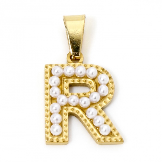 Picture of 1 Piece Vacuum Plating 304 Stainless Steel Charm Pendant 18K Gold Plated Capital Alphabet Initial Letter Message " R " Acrylic Imitation Pearl 24mm x 13mm