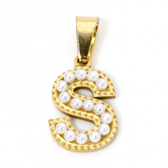 Picture of 1 Piece Vacuum Plating 304 Stainless Steel Charm Pendant 18K Gold Plated Capital Alphabet Initial Letter Message " S " Acrylic Imitation Pearl 24mm x 11.5mm