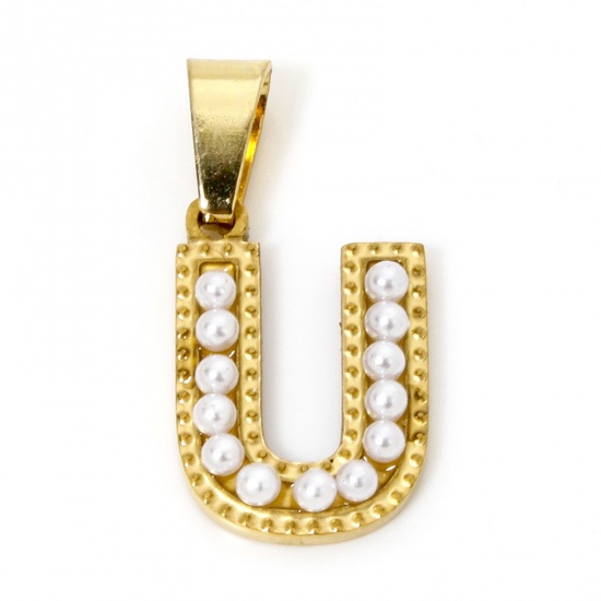 Picture of 1 Piece Vacuum Plating 304 Stainless Steel Charm Pendant 18K Gold Plated Capital Alphabet Initial Letter Message " U " Acrylic Imitation Pearl 23mm x 12mm