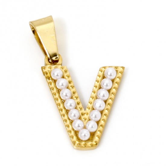 Picture of 1 Piece Vacuum Plating 304 Stainless Steel Charm Pendant 18K Gold Plated Capital Alphabet Initial Letter Message " V " Acrylic Imitation Pearl 24mm x 14mm