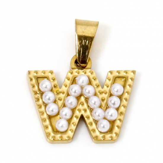 Picture of 1 Piece Vacuum Plating 304 Stainless Steel Charm Pendant 18K Gold Plated Capital Alphabet Initial Letter Message " W " Acrylic Imitation Pearl 17mm x 15mm