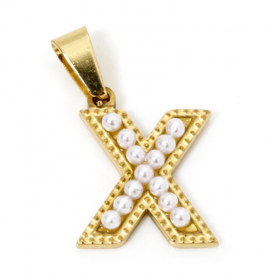 Picture of 1 Piece Vacuum Plating 304 Stainless Steel Charm Pendant 18K Gold Plated Capital Alphabet Initial Letter Message " X " Acrylic Imitation Pearl 24mm x 14mm