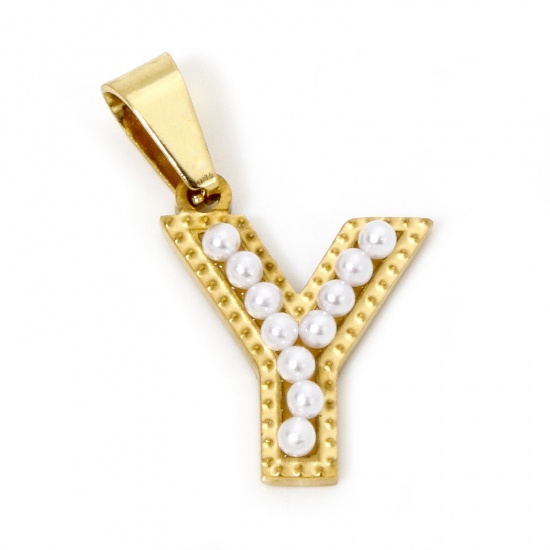 Picture of 1 Piece Vacuum Plating 304 Stainless Steel Charm Pendant 18K Gold Plated Capital Alphabet Initial Letter Message " Y " Acrylic Imitation Pearl 24mm x 14mm