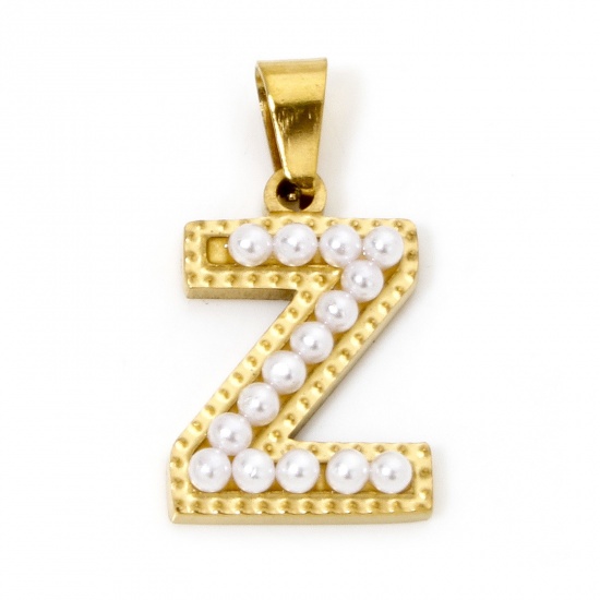 Picture of 1 Piece Vacuum Plating 304 Stainless Steel Charm Pendant 18K Gold Plated Capital Alphabet Initial Letter Message " Z " Acrylic Imitation Pearl 22mm x