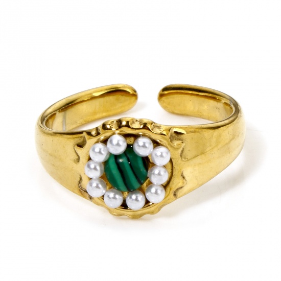 Picture of 1 Piece Vacuum Plating 304 Stainless Steel Open Rings 18K Gold Plated Imitation Malachite 16.5mm(US Size 6)