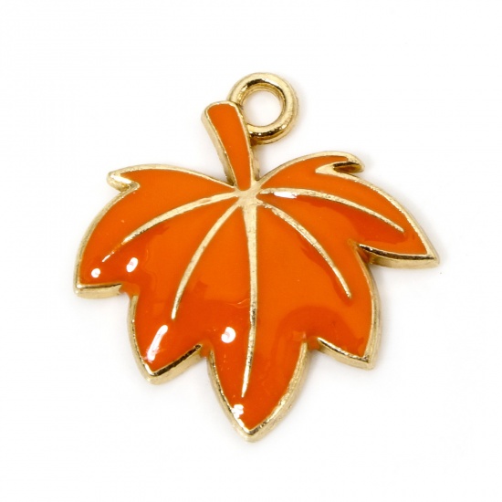 Picture of 10 PCs Zinc Based Alloy Thanksgiving Day Autumn Fall Style Charms Gold Plated Orange Maple Leaf Enamel 22mm x 21mm