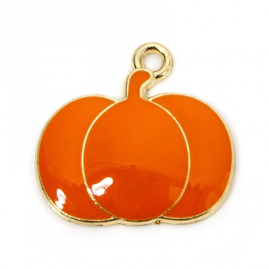 Picture of 10 PCs Zinc Based Alloy Thanksgiving Day Autumn Fall Style Charms Gold Plated Orange Pumpkin Enamel 21mm x 20mm