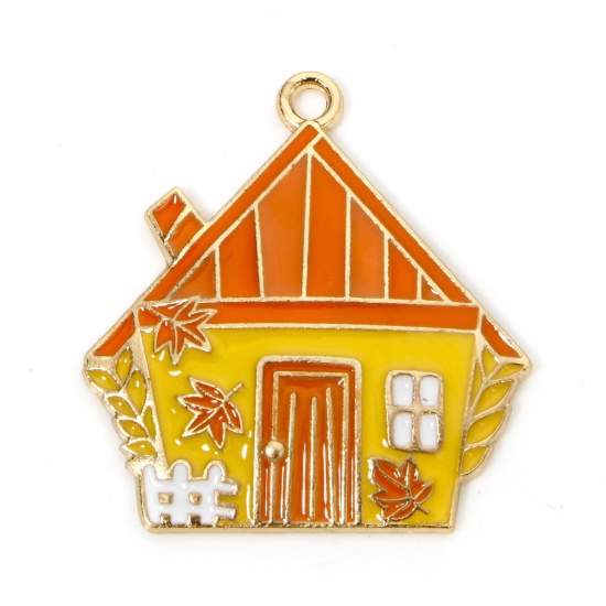 Picture of 10 PCs Zinc Based Alloy Thanksgiving Day Autumn Fall Style Charms Gold Plated Yellow & Orange House Enamel 3cm x 2.8cm