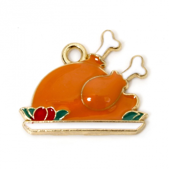 Picture of 10 PCs Zinc Based Alloy Thanksgiving Day Autumn Fall Style Charms Gold Plated Orange Turkey Animal Enamel 21mm x 18mm