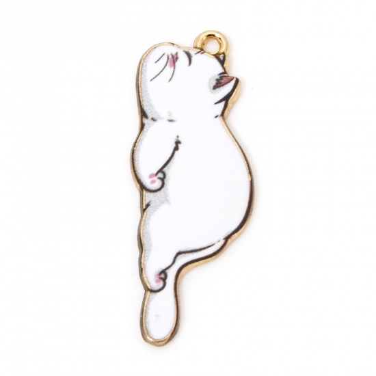 Picture of 20 PCs Zinc Based Alloy Pendants Gold Plated White Cat Animal Enamel 3.5cm x 1.3cm