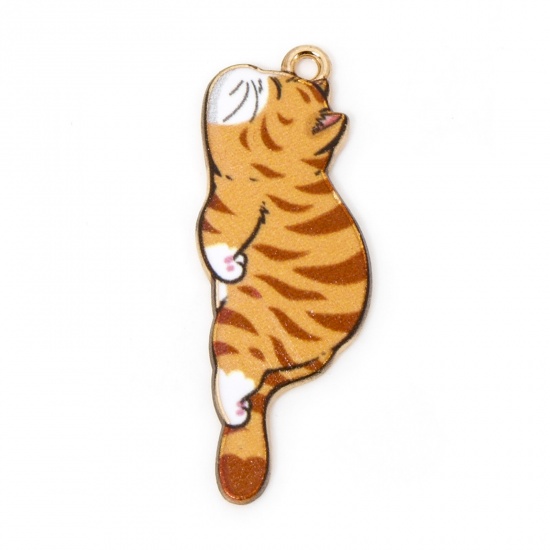 Picture of 20 PCs Zinc Based Alloy Pendants Gold Plated Orange Cat Animal Enamel 3.5cm x 1.3cm