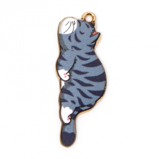 Picture of 20 PCs Zinc Based Alloy Pendants Gold Plated Gray Cat Animal Enamel 3.5cm x 1.3cm