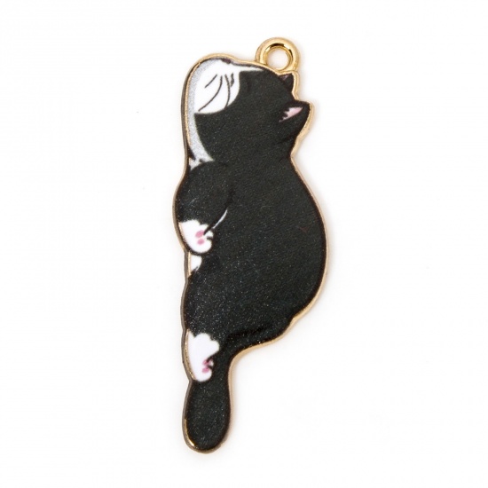 Picture of 20 PCs Zinc Based Alloy Pendants Gold Plated Black Cat Animal Enamel 3.5cm x 1.3cm