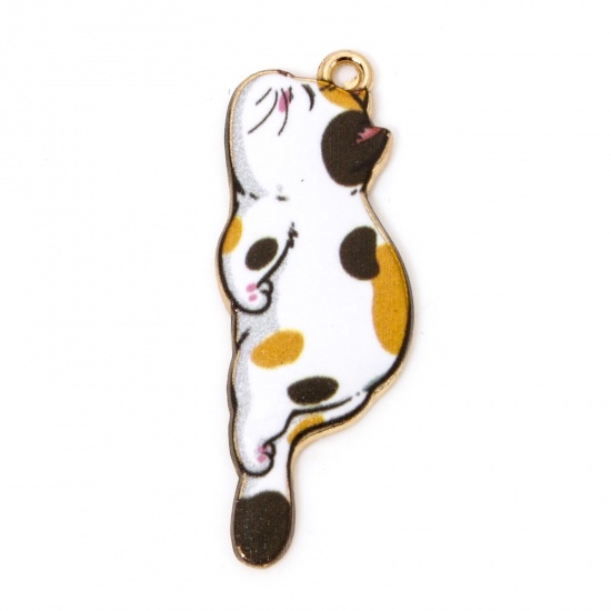 Picture of 20 PCs Zinc Based Alloy Pendants Gold Plated Multicolor Cat Animal Enamel 3.5cm x 1.3cm