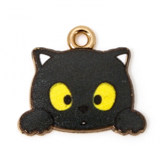 Picture of 20 PCs Zinc Based Alloy Charms Gold Plated Black Cat Animal Enamel 18mm x 16mm