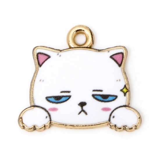 Picture of 20 PCs Zinc Based Alloy Charms Gold Plated White Cat Animal Enamel 18mm x 16mm