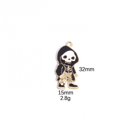 Picture of 10 PCs Zinc Based Alloy Halloween Pendants Gold Plated Black Skeleton Skull Enamel 3.3cm x 1.7cm