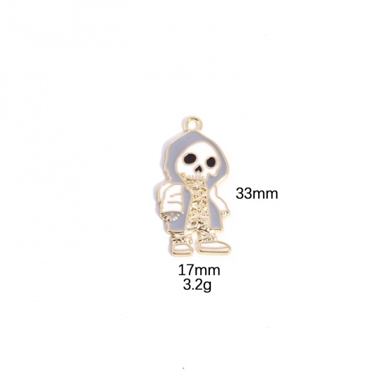 Picture of 10 PCs Zinc Based Alloy Halloween Pendants Gold Plated Gray Skeleton Skull Enamel 3.2cm x 1.5cm