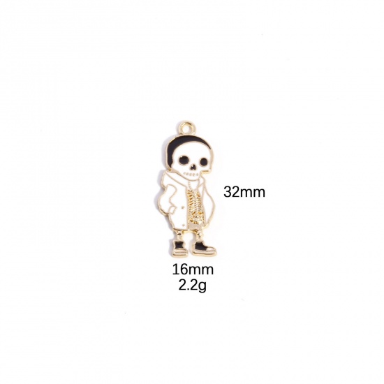 Picture of 10 PCs Zinc Based Alloy Halloween Pendants Gold Plated White Skeleton Skull Enamel 3.2cm x 1.6cm