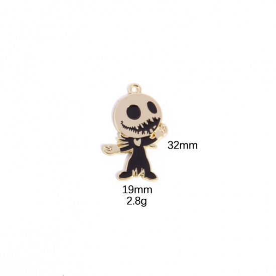 Picture of 10 PCs Zinc Based Alloy Halloween Pendants Gold Plated Black Skeleton Skull Enamel 3.2cm x 1.9cm