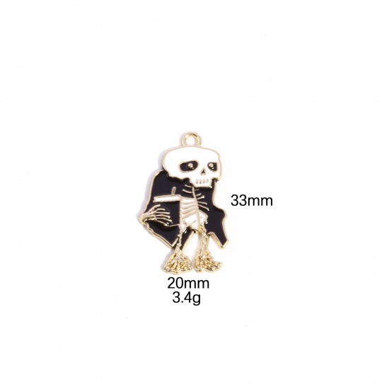 Picture of 10 PCs Zinc Based Alloy Halloween Pendants Gold Plated Black & White Skeleton Skull Enamel 3.3cm x 2cm