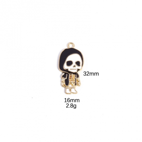 Picture of 10 PCs Zinc Based Alloy Halloween Pendants Gold Plated Black & White Skeleton Skull Enamel 3.2cm x 1.6cm