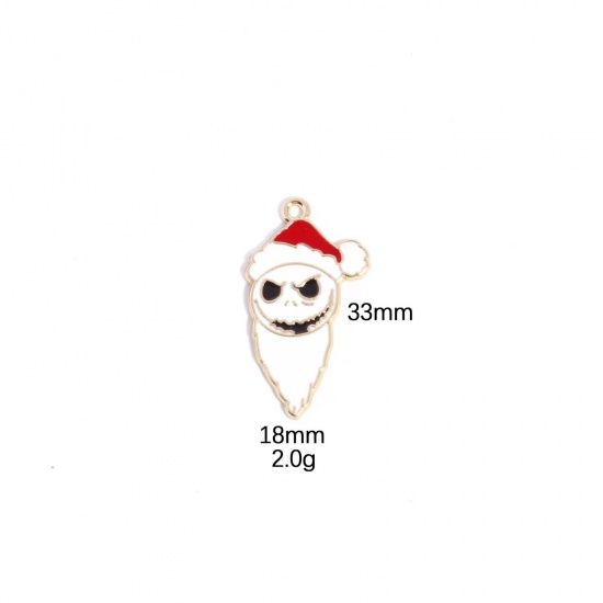 Picture of 10 PCs Zinc Based Alloy Halloween Pendants Gold Plated White & Red Skeleton Skull Enamel 3.3cm x 1.8cm