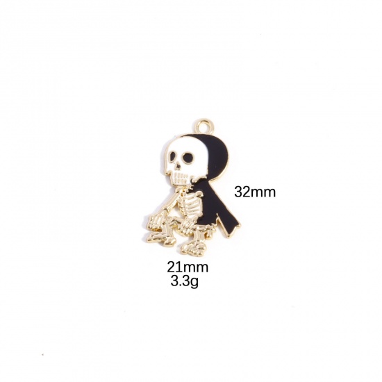 Picture of 10 PCs Zinc Based Alloy Halloween Pendants Gold Plated Black & White Skeleton Skull Enamel 3.2cm x 2.1cm