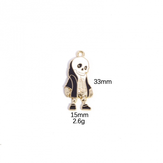 Picture of 10 PCs Zinc Based Alloy Halloween Pendants Gold Plated Black & White Skeleton Skull Enamel 3.3cm x 1.5cm