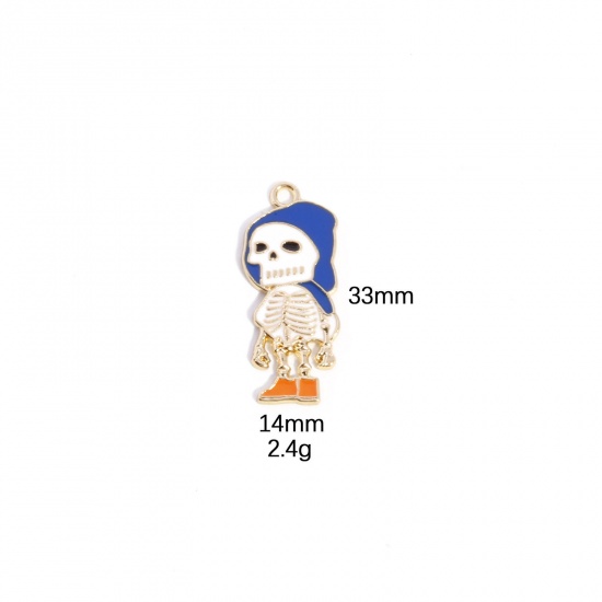 Picture of 10 PCs Zinc Based Alloy Halloween Pendants Gold Plated White & Blue Skeleton Skull Enamel 3.3cm x 1.4cm