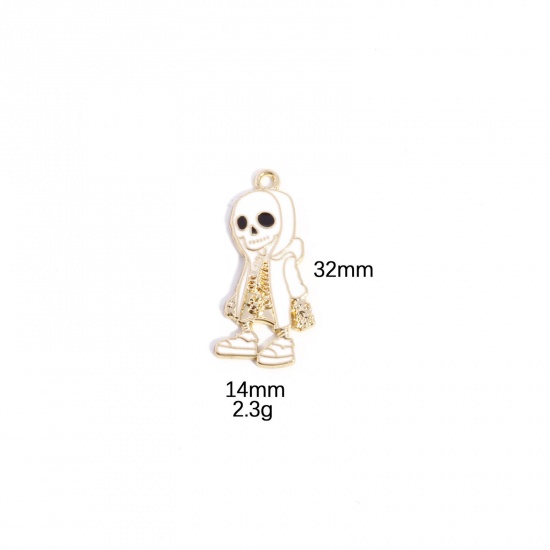 Picture of 10 PCs Zinc Based Alloy Halloween Pendants Gold Plated White Skeleton Skull Enamel 3.2cm x 1.4cm