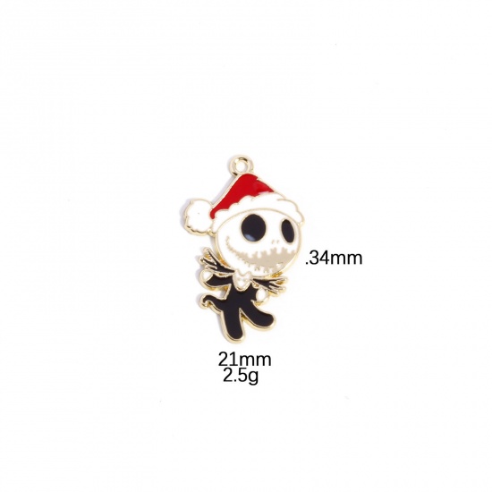 Picture of 10 PCs Zinc Based Alloy Halloween Pendants Gold Plated Black & White Skeleton Skull Enamel 3.4cm x 2.1cm