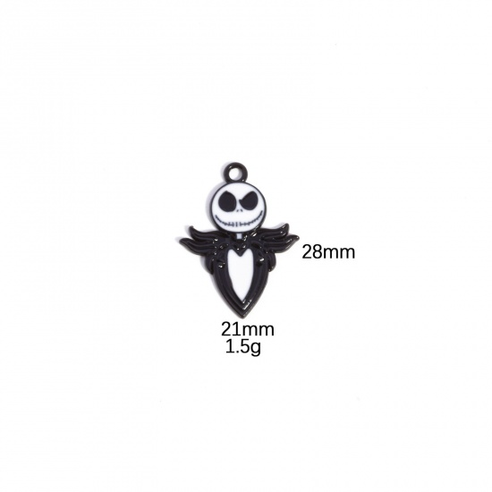 Picture of 10 PCs Zinc Based Alloy Halloween Charms Black Black Skeleton Skull Enamel 28mm x 21mm