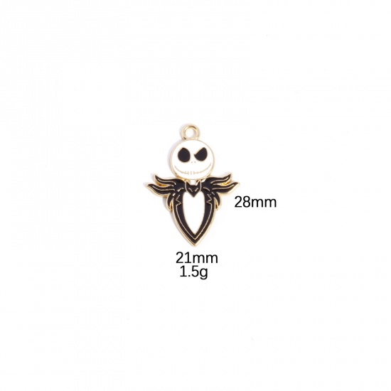 Picture of 10 PCs Zinc Based Alloy Halloween Charms Gold Plated Black Skeleton Skull Enamel 28mm x 21mm