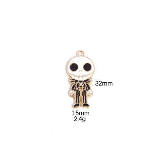 Picture of 10 PCs Zinc Based Alloy Halloween Pendants Gold Plated Black & White Skeleton Skull Enamel 3.2cm x 1.5cm