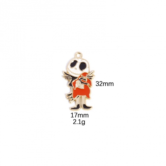 Picture of 10 PCs Zinc Based Alloy Halloween Pendants Gold Plated Multicolor Skeleton Skull Enamel 3.2cm x 1.7cm