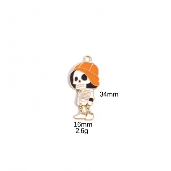 Picture of 10 PCs Zinc Based Alloy Halloween Pendants Gold Plated Multicolor Skeleton Skull Enamel 3.4cm x 1.6cm