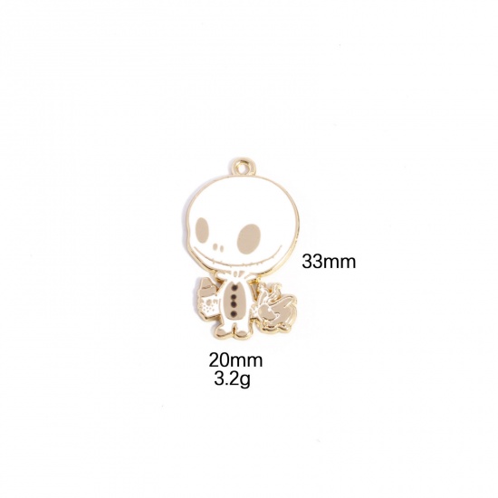 Picture of 10 PCs Zinc Based Alloy Halloween Pendants Gold Plated White Skeleton Skull Enamel 3.3cm x 2cm